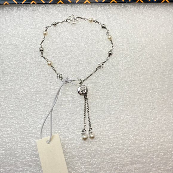 Tory Burch Logo Pearl Beaded Slider 164147 IN Tory Silver/Pearl - Picture 4 of 11